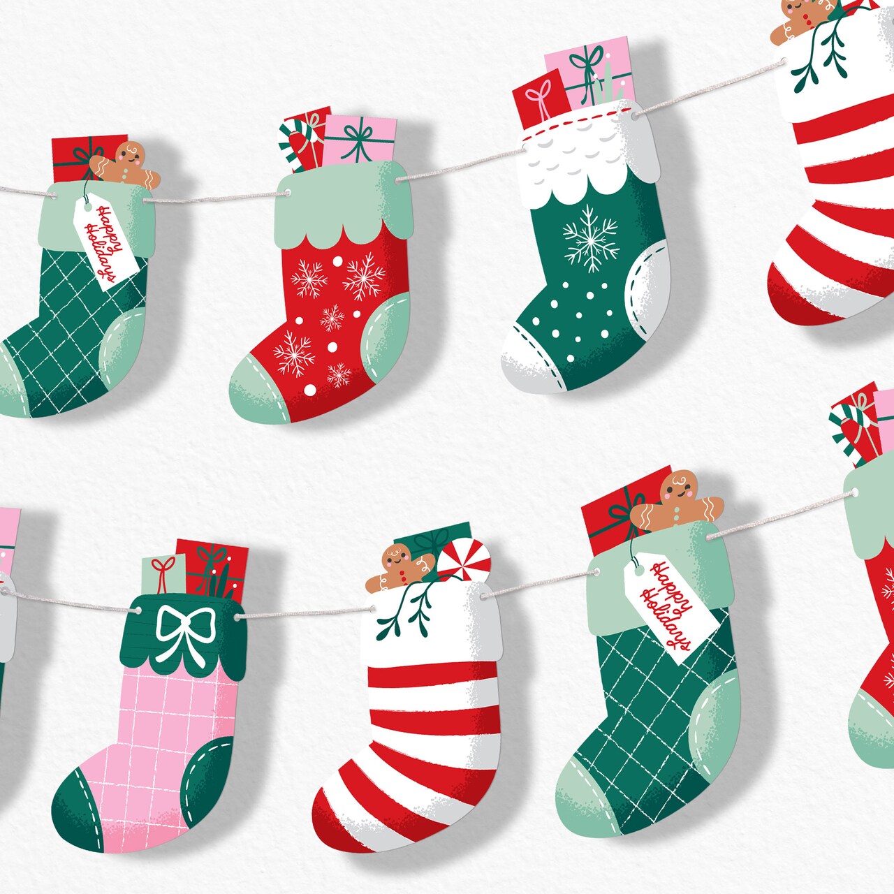 Big Dot of Happiness Christmas Stockings Garland Banner, Winter Holiday Party Decorations Backdrop, 30 Feet of Cord, 15 Paper Sock Shapes Double-Sided